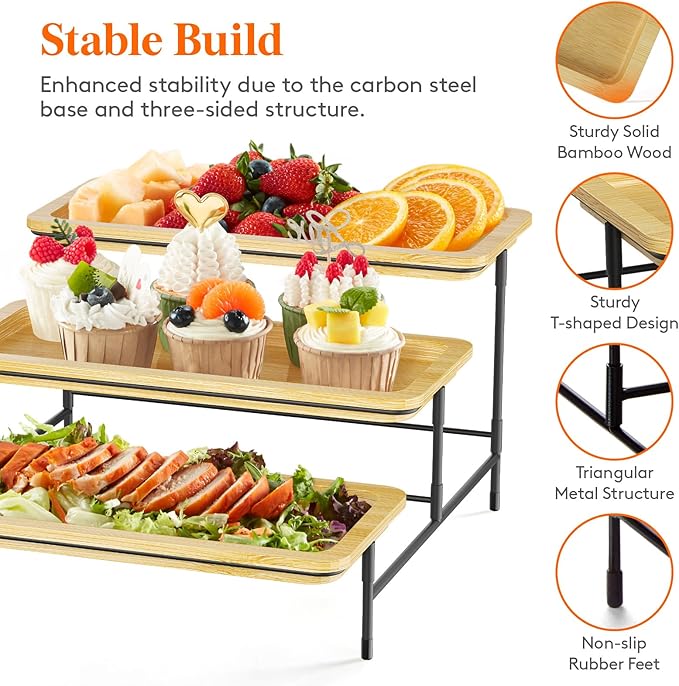 Lifewit 3 Tier Bamboo Serving Tray for Party Supplies, 12" x 6.5" Platters for Serving Food, Reusable Trays with Black Metal Display Stand for Veggie, Fruit, Cookies, Dessert