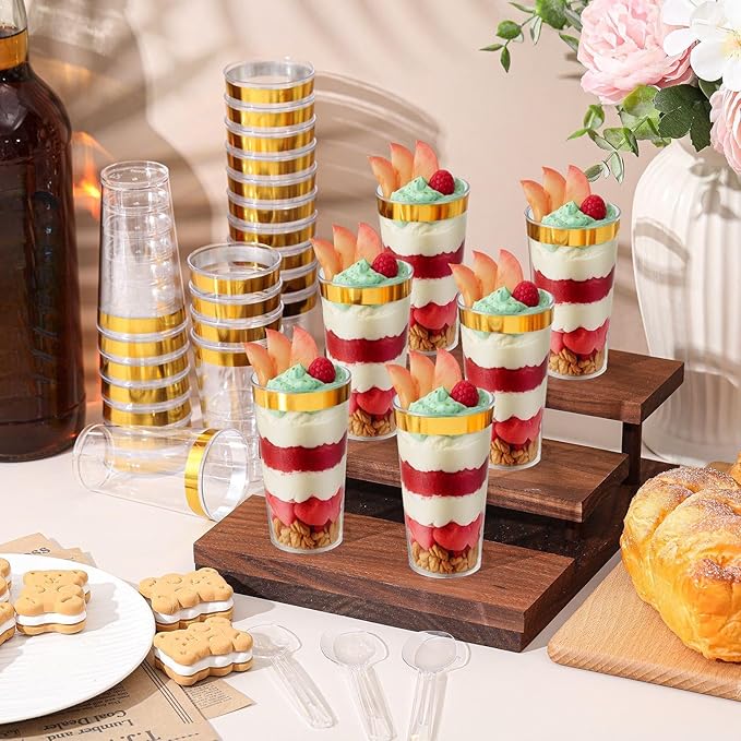 200 Pcs Christmas Dessert Cups with Spoons Small Plastic Goblets Disposable Parfait Pudding, Mousse, Appetizer Cups Set for Fall Thanksgiving Wedding Party(Gold Rim,3 oz,Round)