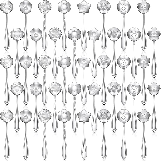 Eboot 40 Pcs Silver Flower Teaspoon Stainless Steel Tea Party Spoons Mini Cute Teaspoon Stirring Coffee Sugar Drink Demitasse Espresso Spoons for Bridal Baby Shower Wedding Party Favors Decorations