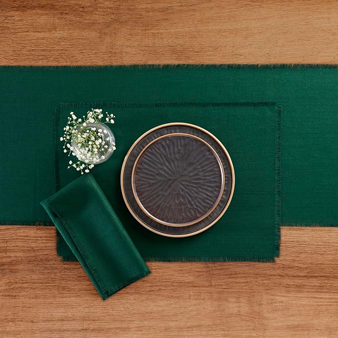 Solino Home Fringe Linen Placemats Set of 4 - Evergreen Placemats 14 x 19 Inch - 100% Pure Linen Table Mats for Christmas, Winter, New Year - Handcrafted and Machine Washable