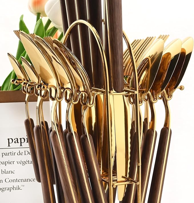 24 Pieces Mirror Gold Flatware Set With A Cutlery Stand, Hanging Silverware With Round Wooden Handle Include Knife/Fork/Spoon/Teaspoon, Service For 6