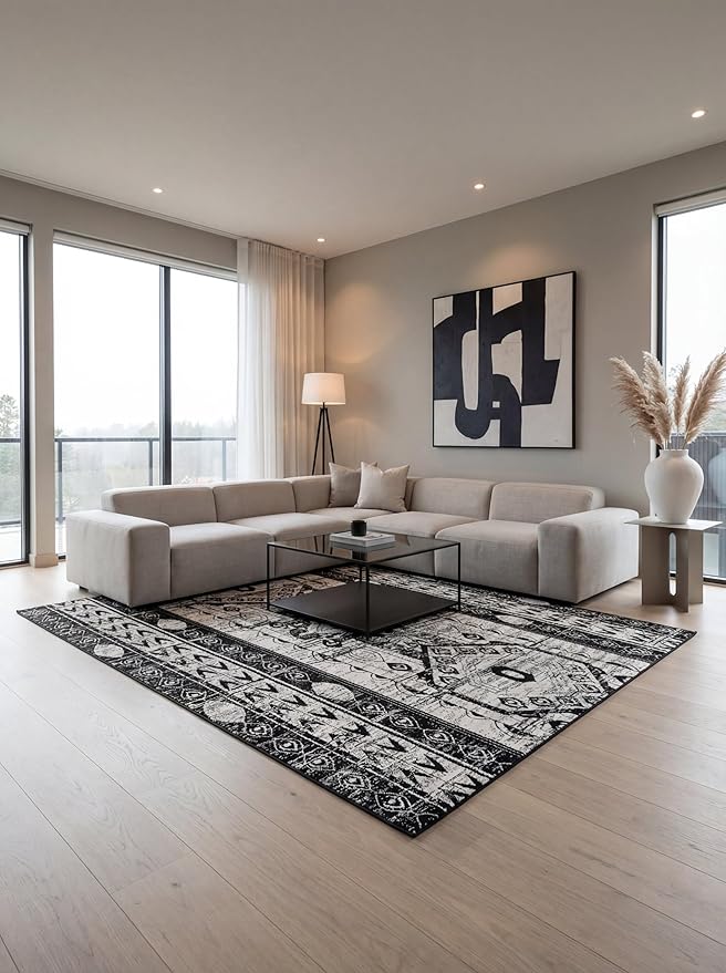 Rugs.com Oregon Collection Rug – 8' x 10' Black and White Low-Pile Rug Perfect for Living Rooms, Large Dining Rooms, Open Floorplans