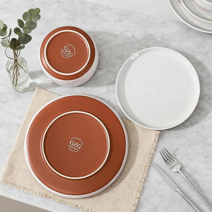 GZG Ceramic Dinner Salad Plates Set of 4, 8 Inch Speckled Dinnerware Dessert Plates with Clay-Tone Base, Microwave Oven Dishwasher Safe