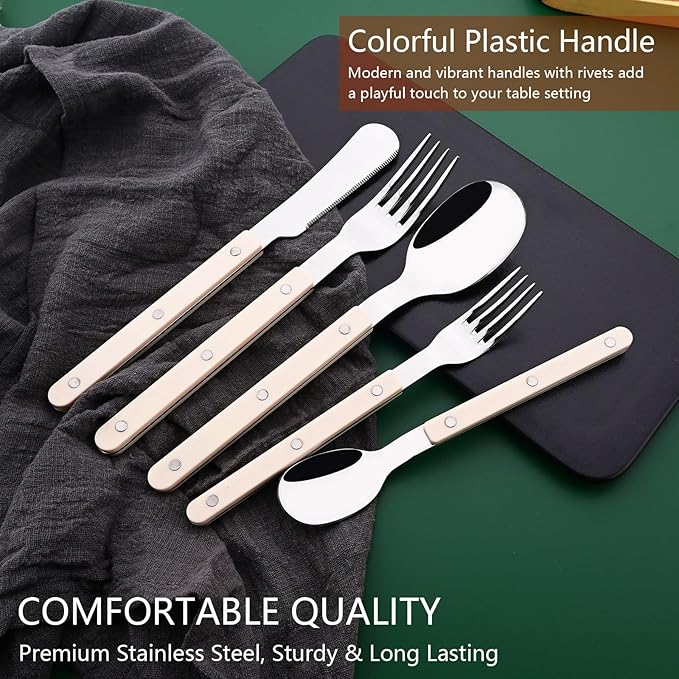 30 PCS Stainless Steel Flatware Set for 6, Silverware Set with Colored Handles, Retro Style Forks Spoons and Knives Set, Vintage Eating Utensils, Beige Acrylic Handle with Rivets Design