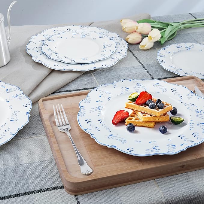 Fanquare Blue Leaves 8" Porcelain Dessert Plates Set - White Ceramic Small Dinner Plates
