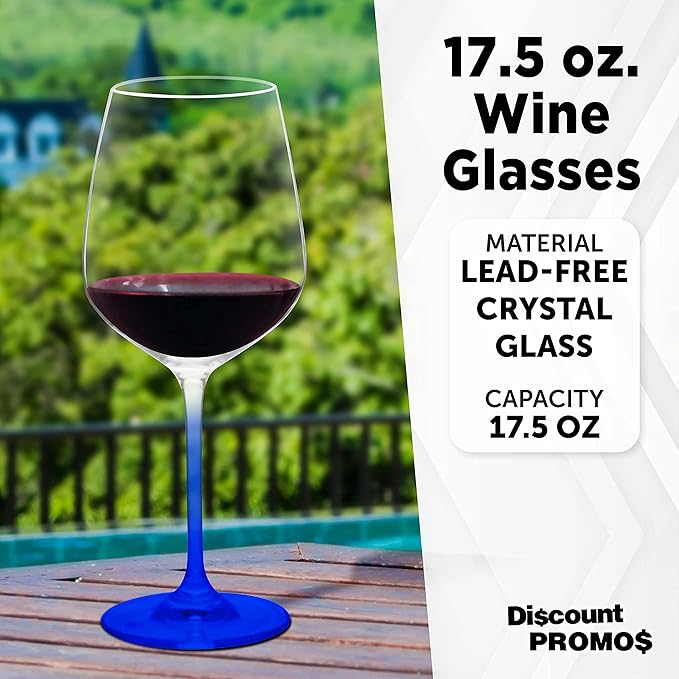 DISCOUNT PROMOS Crystal Wine Glasses 17.5 oz. Set of 12, Bulk Pack - Restaurant Glassware, Perfect for Red Wine or White Wine - Blue