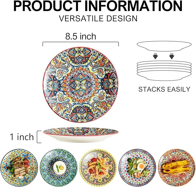 Ceramic Dinner Plates, 8.5 Inch Small Salad Dessert Plate Set of 6, Colorful Bohemian Plates for Appetizers, Snacks, Fruit, Small Plate Set for Kitchen & Restaurant, Microwave, Oven and Dishware Safe