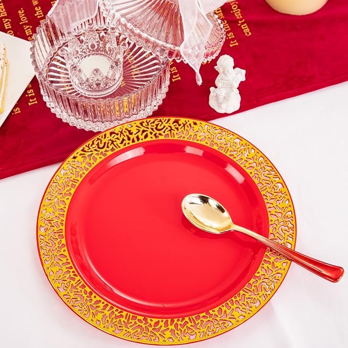 U-QE 150PCS Red and Gold Plastic Plates, Red Disposable Plates with Gold Rim for 30 Guests Include 30 Dinner Plates 10.25", 30 Salad Plates 7.5",30 Forks,30 Knives,30 Spoons Perfect for Party&Wedding
