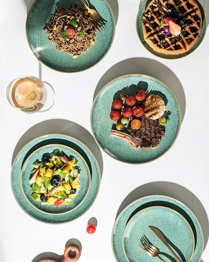 HENXFEN LEAD Dessert, Salad Plates 8 Inch, Porcelain Serving Dishes for Appetizers, Snacks, Pancakes - Kitchen Dinnerware Set Dishwasher, Microwave Safe - Reactive Green