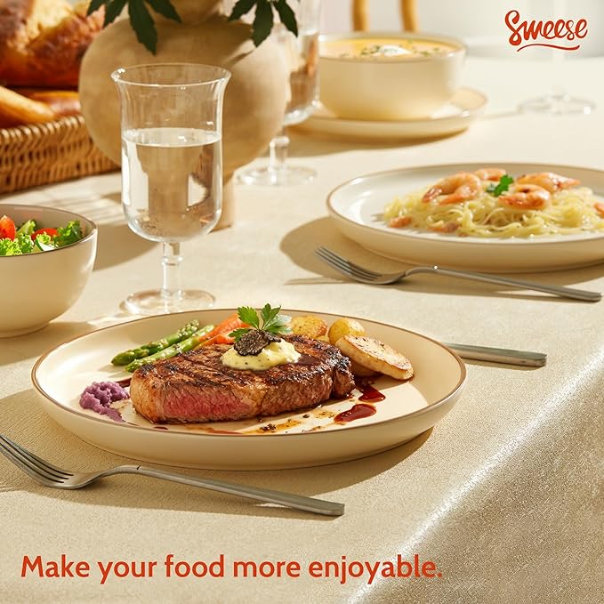 Sweese Dinnerware Sets Service for 6, 18 pcs Matte Glaze Plates and Bowls Sets, Handmade Porcelain Dish Set, Highly Chip and Crack Resistant Modern Dinner Set, Beige