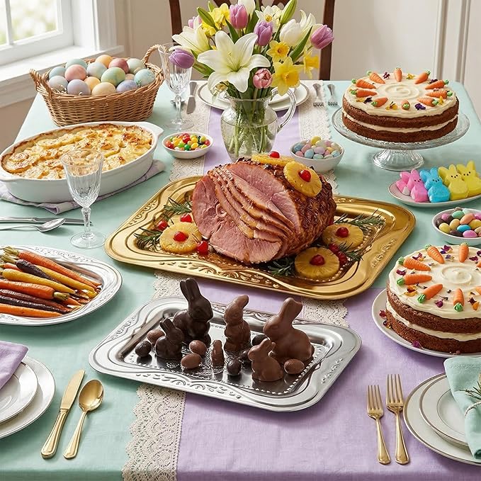 4-Pack Gold Serving Trays Set - ZENOVLUX Lightweight Bow Floral Engraved Mirror Decorative Tray, 13.8" x 8.7" Party Platters for Easter, Food, Appetizer, Charcuterie, Cookies, Desserts