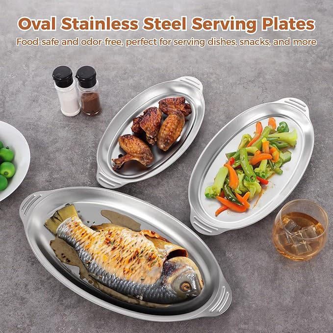 BOSREROY 3pcs Silver Platter, Oval Stainless Steel Serving Tray Silver Trays For Serving For Table Decor Food Sushi Appetizer