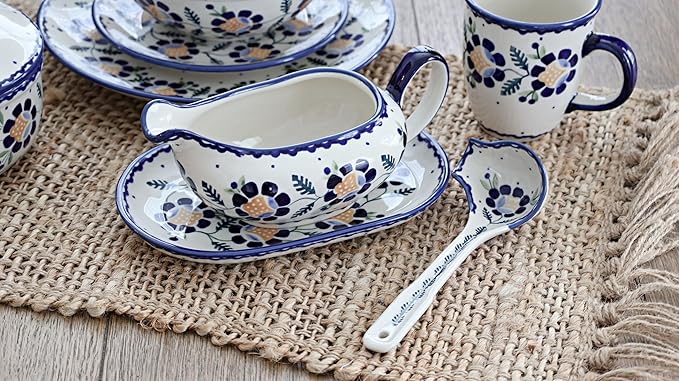 Blue Rose Polish Pottery Sunflower Gravy Boat & Ladle