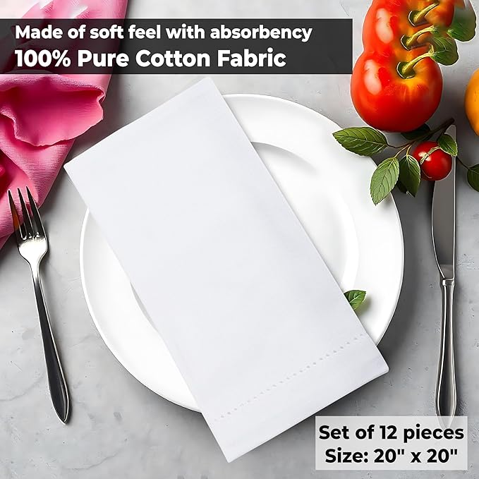 Urban Villa Cloth Napkins White Hemstitch Dinner Napkins Set of 12 (20X20) 100% Cotton Absorbent Washable Durable Reusable Ideal for Hotel Collection Christmas Parties Restaurant Lunch Dinner Napkins