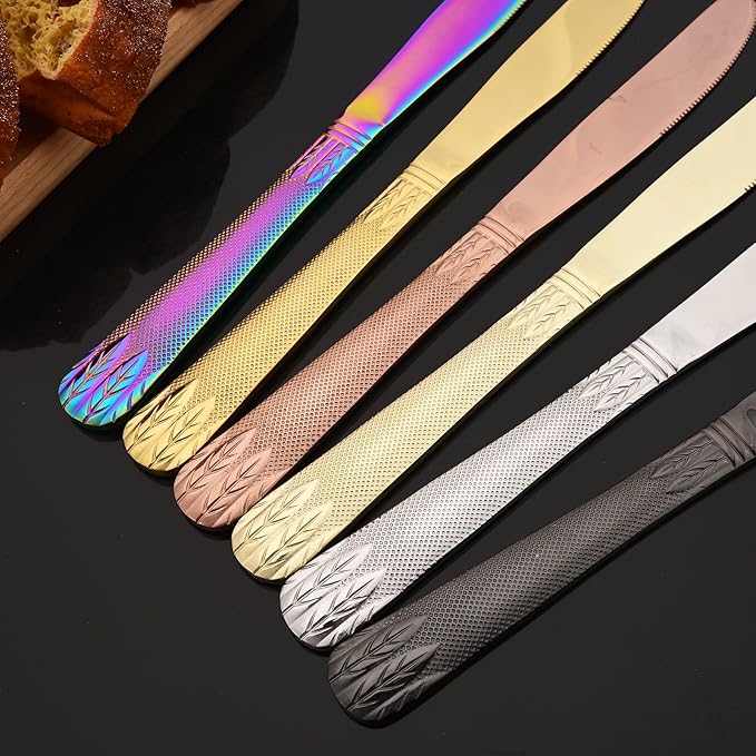 JASHII 304 Stainless Steel Hammered Silverware Set with Wheat Spike Pattern, Modern Eating Tableware Flatware Set, Service for 6. Flat Handle, Dishwasher Safe - Shiny Gold