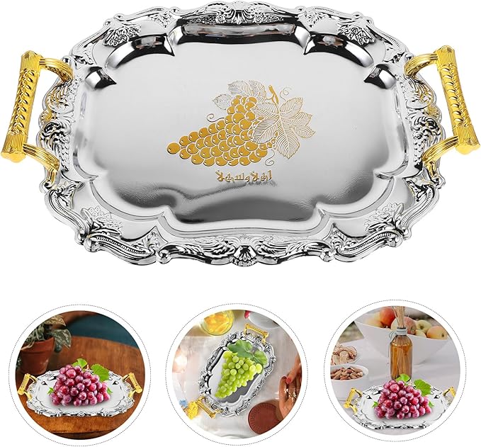 European Style Vintage Thickened Round Stainless Steel Serving Tray with Handles for Hotels Restaurants Home Dining Table Snack Fruit Food Platter