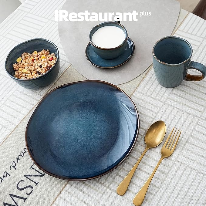 Organic Shape Highland Ceramic Dinner Plates, 12pcs 11.65 Inch Handmade Reactive Glaze Stoneware Plates with Wavy Edge, for Kitchen, Microwave & Dishwasher Safe, Scratch Resistant-Blue