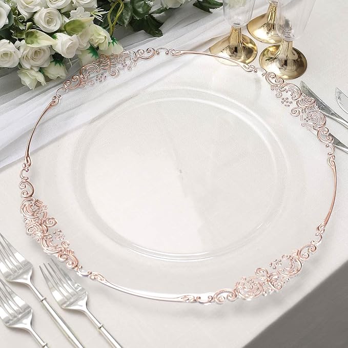13" Charger Plates -Set of 12 - Acrylic Clear Rose Gold Round Baroque Disposable Chargers Leaf Embossed Rim, Ideal for Dinner Party Wedding Bulk Events
