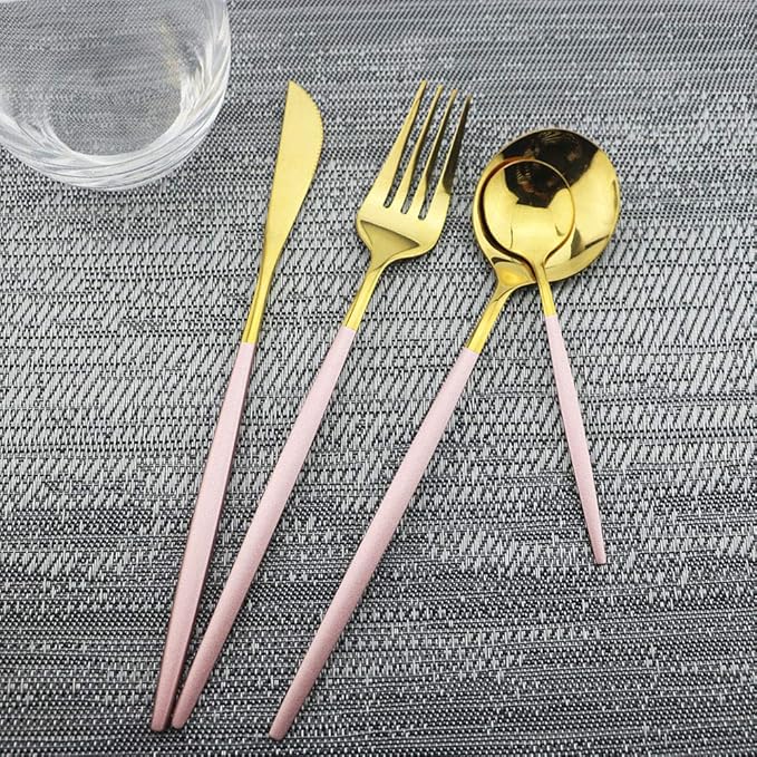 JASHII 24 Piece Titanium Pink And Golden Plated Stainless Steel Flatware Set, Pink Handle With Golden Mouth Silverware Set Pink And Gold Cutlery Set Service for 6 (Pink Handle,Shiny Golden)