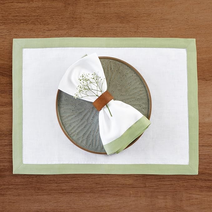 Solino Home Linen Cloth Napkins Set of 4-100% Pure Linen Sage Green and White Dinner Napkins 20 x 20 Inch for Winter, Christmas - Classic, Handcrafted and Machine Washable