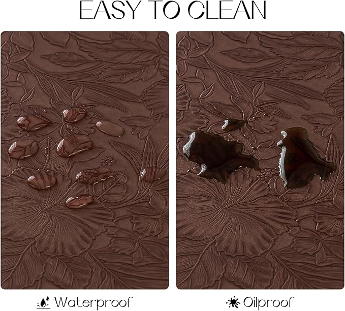 Romanstile Vinyl Placemats Set of 4-12 X 17 Inch - Heat Resistant Non-Slip Embossed Floral Place Mats 100% Waterproof Oilproof Wipeable Faux Leather Table Mats for Kitchen/Dining/Party, Brown