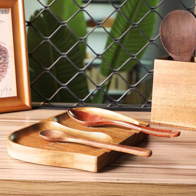 Large Acacia Wood Spoon Rest, Double Wooden Spoon Holder With Non Slip Silicone Feet, Handmade Kitchen Rest for Kitchen Countertop (Brown(Labeled "SPOON REST"))