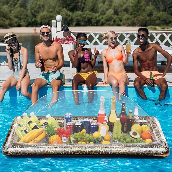 8 Pcs Glitter Inflatable Serving Bar Kit Includes 2 Salad Buffet Tray with Drain Plug 5 Mesh Food Cover 1 Inflator Inflatable Food Drink Containers for Outdoors Pool Party Camping(Black)