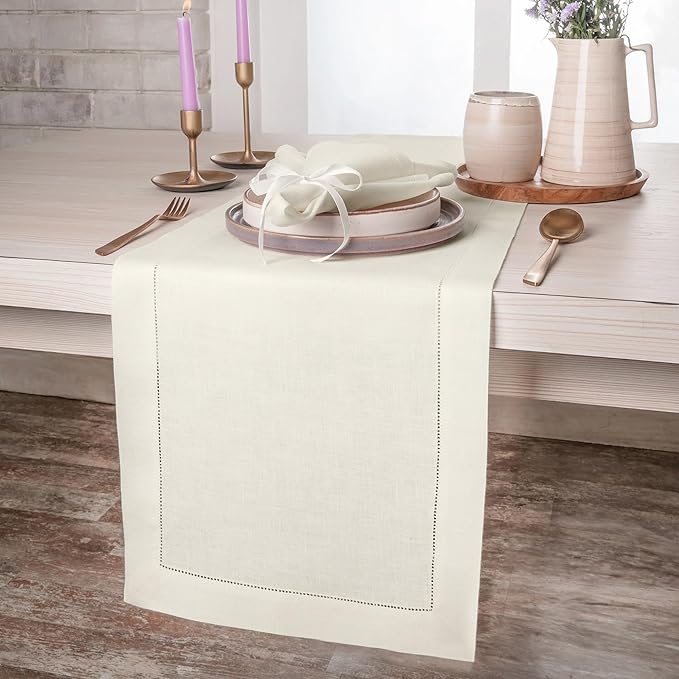 D'Moksha Homes Linen Ivory Table Runner 84 Inches Long - 100% Pure Linen Table Runner 14 x 84 Inch for Winter, Christmas, Holiday, New Year - Classic Hemstitch