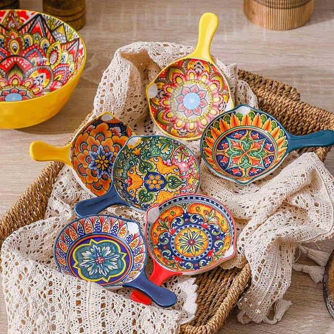 Henten Home Porcelain Sauce Dishes with Handle, 4 Inch Ceramic Dipping Dish Set of 6, Colorful Salsa Bowls for Sushi, Snack, Appetizer, Bohemian Style, Dishwasher & Microwave Safe