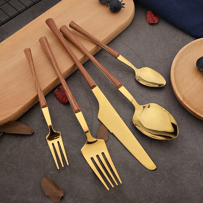 20-piece Stainless Steel Flatware Set with Wooden Handle, Wood Silverware Set for 4, Mirror, Dishwasher Safe, for Home Kitchen Travel - Small Waist Handle Gold