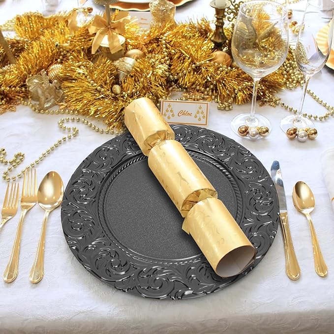 100 Pcs Antique Charger Plates Bulk Round Plastic Dinner Plate Embossed Rim Server Plate Decorative Chargers Floral Plates for Dinner Parties Wedding,13 Inch (100pcs-Black)
