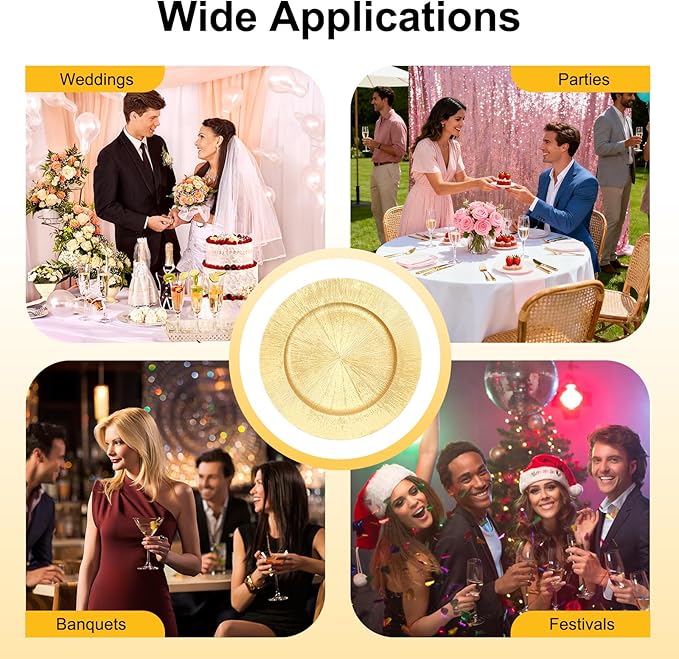 50Pcs Gold Charger Plates Bulk Round Plastic Dinner Charger Serving Plates for Wedding Chargers Plate for Tabletop Decor Christmas,13in(50pcs-Gold)