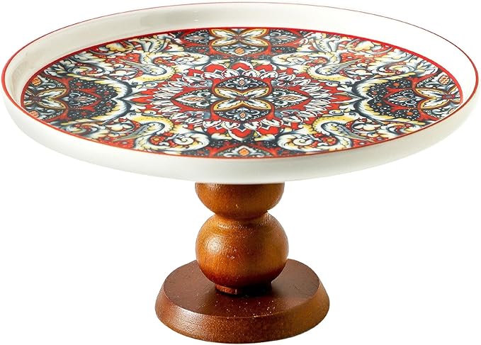 Ceramic Cake Stand with Elegant Wood Curved Footed, 8” Versatile Dessert Stand, 2-in-1 Dessert Table Display Set & Charcuterie Board for Birthday/Kitchen/Party/Charcuterie,Red