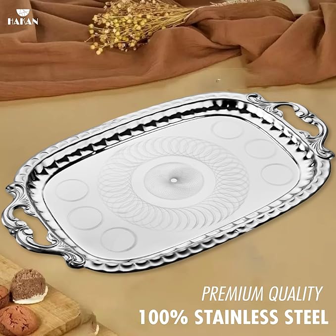 Hakan Stainless Steel Serving Tray with Handles, 19 x 11.6-inch Ornamental Rectangular Decorative Design Platter for Table. Party, Centerpiece Platter, Antique Wedding Decor, Silver