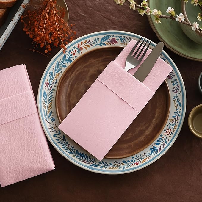 Baby Pink Dinner Napkins Cloth Like with Built-in Flatware Pocket, Linen-Feel Absorbent Disposable Paper Hand Napkins for Kitchen, Bathroom, Parties, Weddings, Dinners or Events, Pack of 50