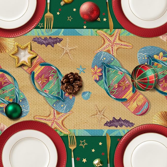 Beach Slippers Table Runner Seasonal Holiday Kitchen Dining Linen Table Decoration for Indoor Outdoor Home Party Decor 13 x 72 Inch