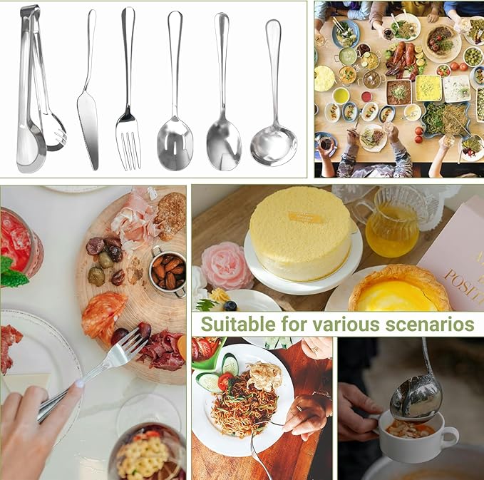 36 Pcs Stainless Steel Serving Utensils Set - Silver Serving Flatware Set Include Large Spoons, Slotted Spoons, Forks, Soup Ladle, Pie Server and Tongs for Kitchen, Buffet, Party Supplies