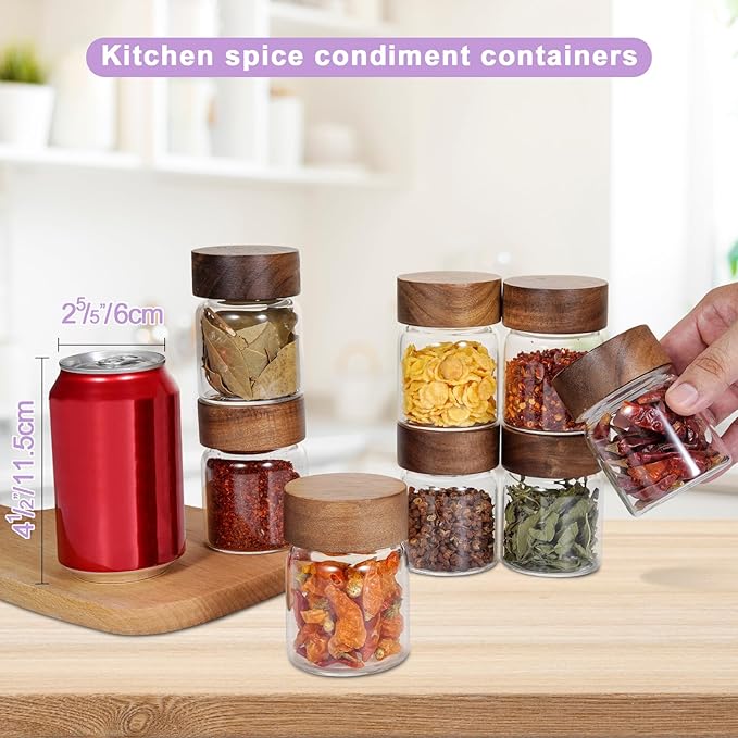 Glass Spice Jars Seasoning Containers Small Glass Jars with Lids Airtight Food Storage Canister for Kitchen Pantry Sugar Tea Coffee Bean Nuts Cookies Herbs Salt (4oz(118ml)*8 pack)