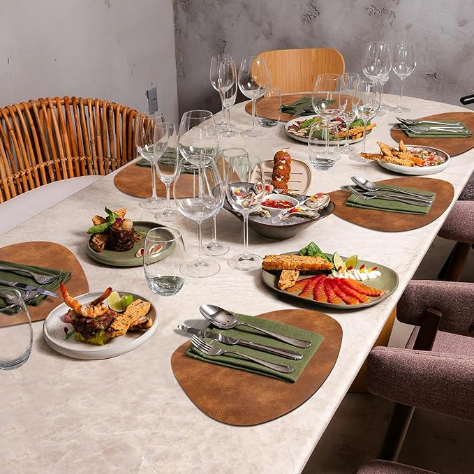 ADRIMER Placemats, Heat Resistant Round Placemats Set of 4 Washable 13 x 17 Inch, Waterproof Table Mats Wipeable for Kitchen, Dining Room Table Christmas Decor, Turmeric Brown