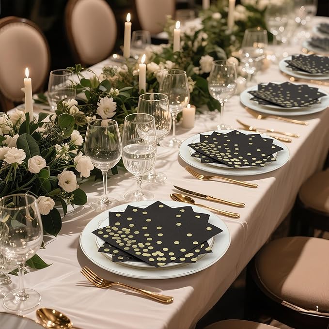80 Pack of White Paper Cocktail Napkins with Gold Foil Polka Dot Confetti，Polka Dot Party Supplies(5 x 5 in，3-ply) (Black)