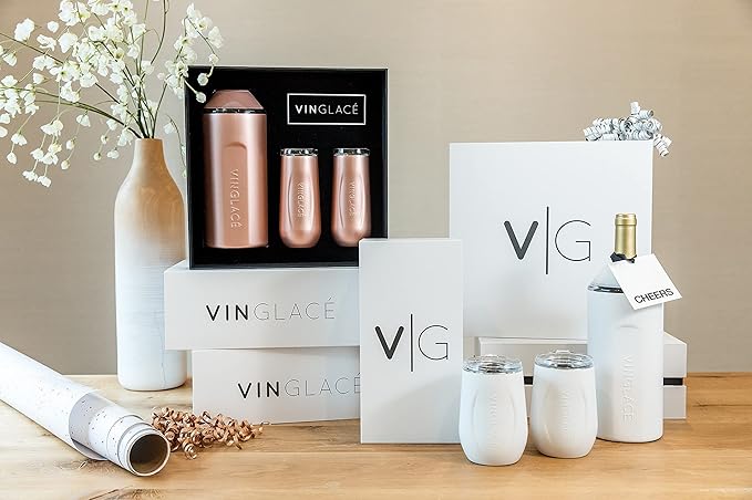 Vinglacé Champagne Bottle Chiller Gift Set- Portable Stainless Steel Sparkling Wine Cooler with 2 Stemless Champagne Flutes, Rose Gold