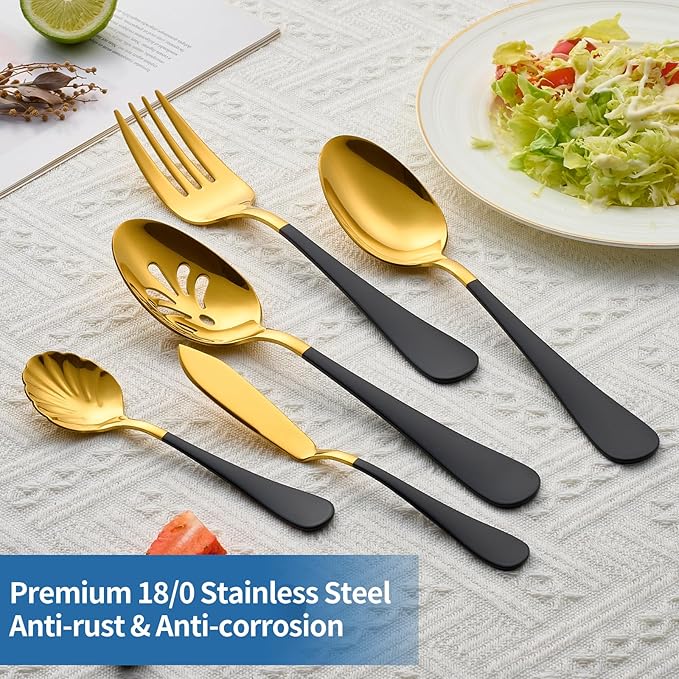 10-Piece Black & Gold Flatware Serving Set, 18/0 Stainless Steel Colorful Handle, Includes Serving Fork, Solid & Pierced Serving Spoon,Sugar Spoon,Butter Knife,Mirror Polished,Dishwasher Safe