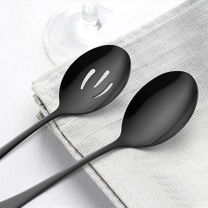 LIANYU 6-Piece Large Black Serving Spoons, Black Slotted Spoons, Stainless Steel Serving Utensils for Party Buffet Restaurant Banquet Dinner Catering, 9.8Inch, Dishwasher Safe