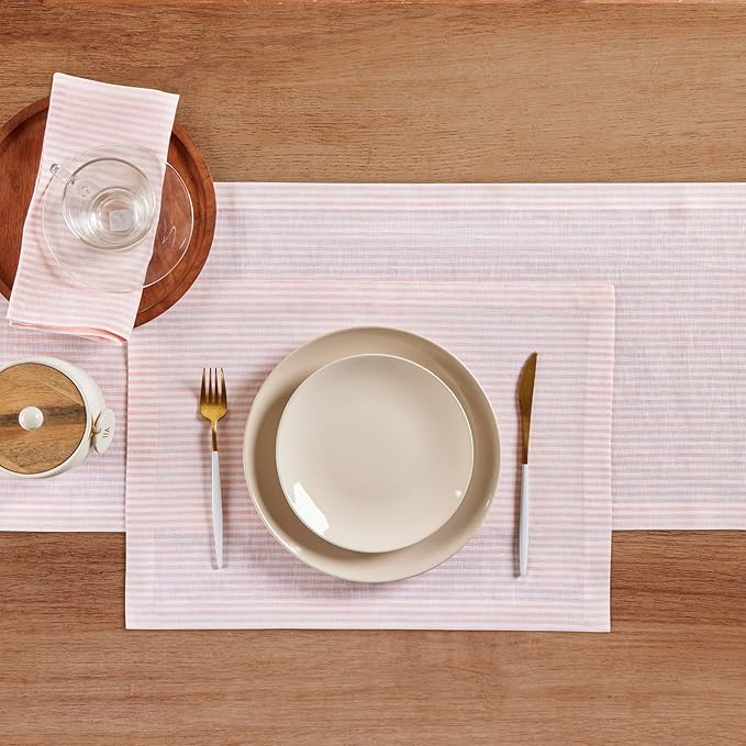 Solino Home Linen Placemats Set of 4 - Narrow Stripe Peach and White Placemats 14 x 19 Inch - 100% Pure Linen Place Mats
