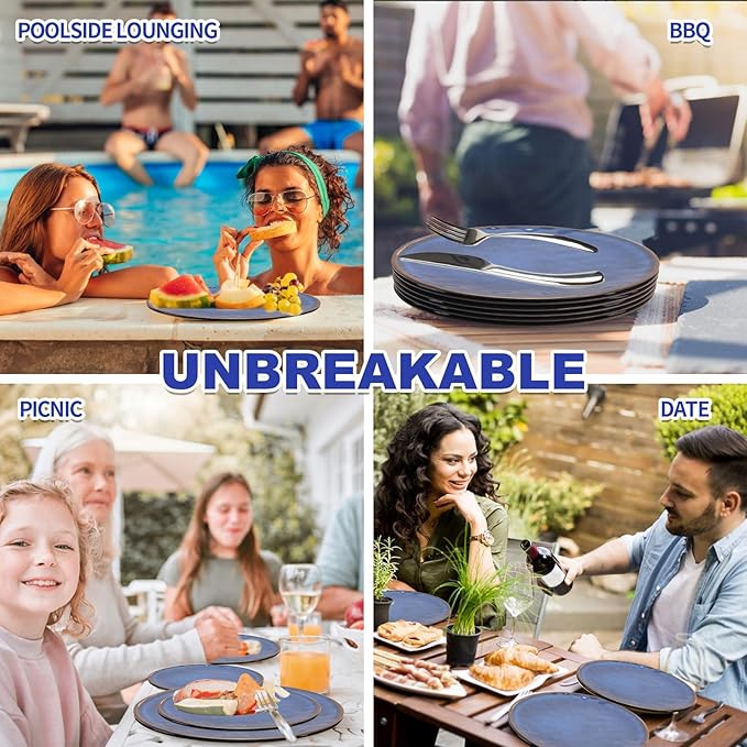 Rustic Farmhouse 12 Piece Melamine Dinnerware Sets - Service for 4, Lightweight Dinnerware with Plates and Bowls Sets, for Indoor and Outdoor Use, Unbreakable Kitchen Plates and Bowls (4, Blue)