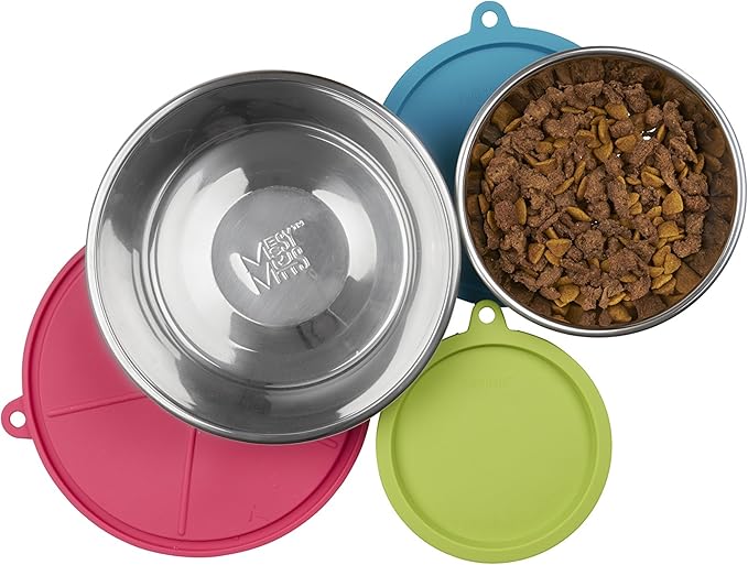 Messy Mutts 6-Piece Set | Three Stainless Steel Bowls and Three Colorful Silicone Lids | Sealable Travel Containers | Portable Food/Water Dishes for Pets | Extra-Large, 6 Cups