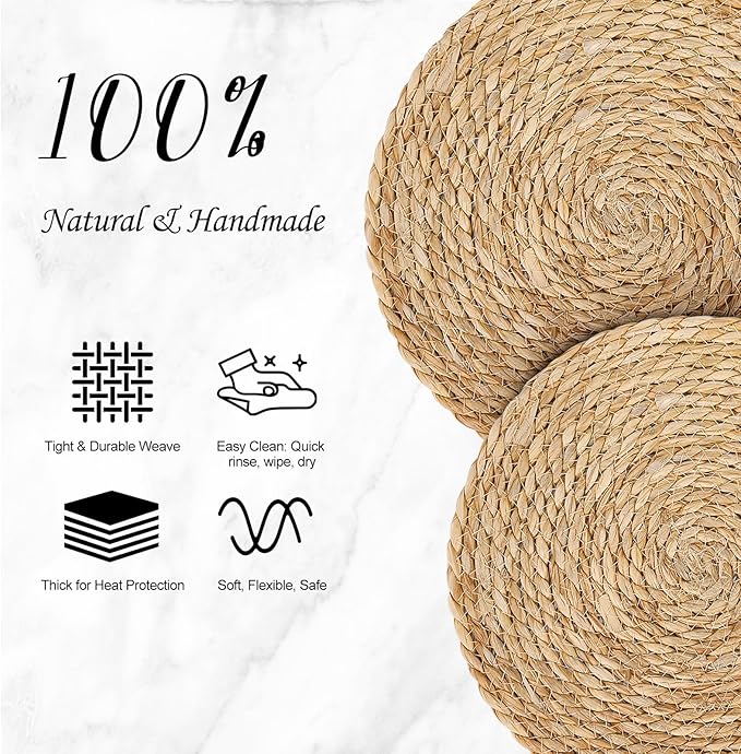 13 Inch Woven Placemats Set of 24, Boho Round Place Mats for Dining Table Decor, Rustic Jute Chargers for Dinner Plates, Outdoor Patio, Farmhouse Wedding, Water Hyacinth Wicker Rattan Braided Placemat