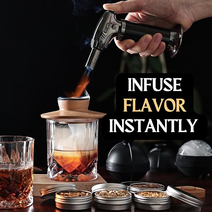 Cocktail Smoker Kit - Whiskey Bourbon Drink Smoker with Torch, Custom Top, 2 Ice Ball Makers, 4 Flavors Wood Chips - Smokers for Whiskey Drinks - Cocktail Drink Smoking Kit - Unique Gifts for Him