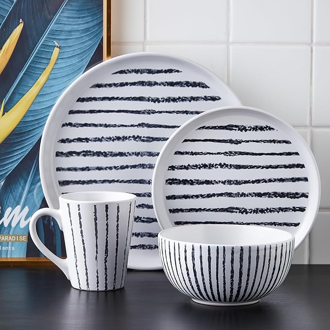 Stone Lain Nova Modern Stoneware Dinnerware Set, Plates and Bowls Set, 16-Piece Dish Set Service for 4, Black
