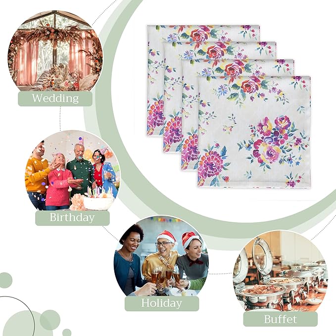 Maison d' Hermine Cloth Napkins Set of 4 100% Cotton Everyday Reusable Square Napkins Cloth Washable, Dinner, Party, Wedding, Restaurant, Spring/Summer (Rose Garden, 20" x 20")